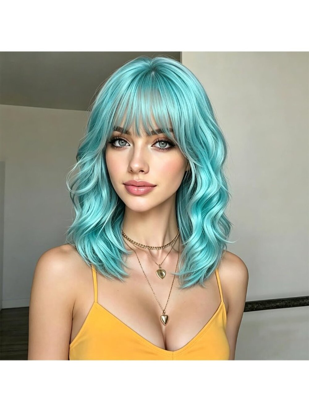 Women's Mint Aqua Blue Wavy Synthetic Shoulder Length Sweetie Bob Wig Bangs